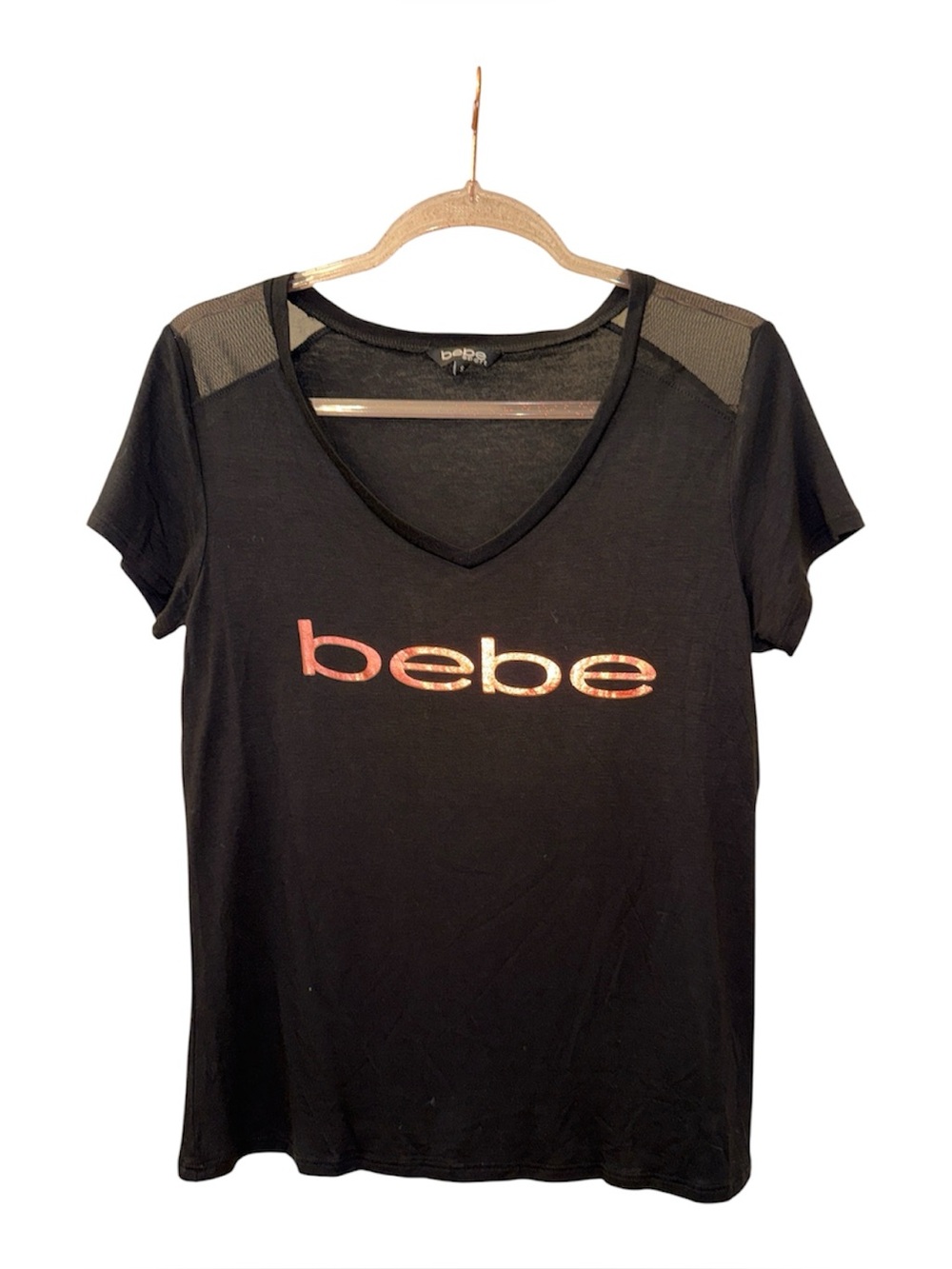 bebe Black V-Neck Tee with Metallic Rose Logo Script